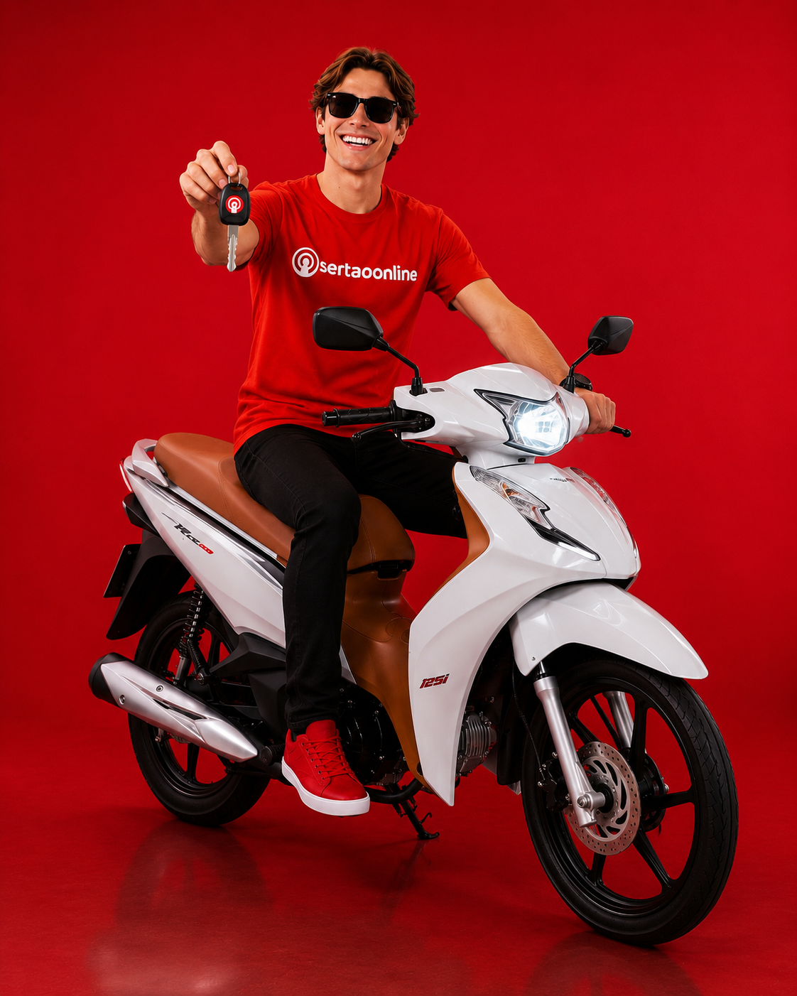 Cliente Sertão Online sobre a moto do sorteio mostrando a chave